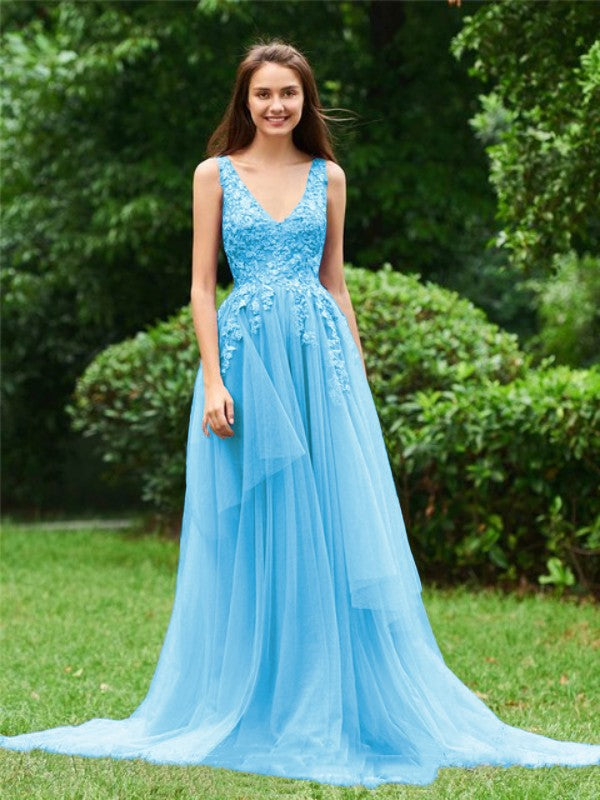 Limitless Looks Princess Style Tulle Applique V-neck Sleeveless Sweep/Brush Train Prom Dress