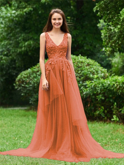 Limitless Looks Princess Style Tulle Applique V-neck Sleeveless Sweep/Brush Train Prom Dress