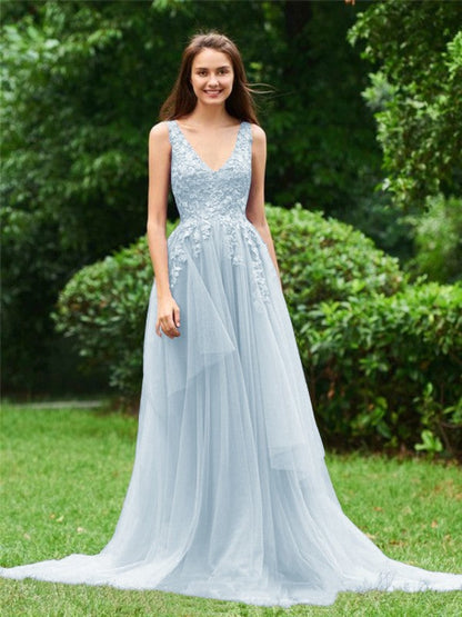 Limitless Looks Princess Style Tulle Applique V-neck Sleeveless Sweep/Brush Train Prom Dress