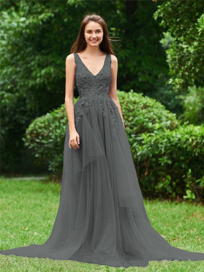 Limitless Looks Princess Style Tulle Applique V-neck Sleeveless Sweep/Brush Train Prom Dress
