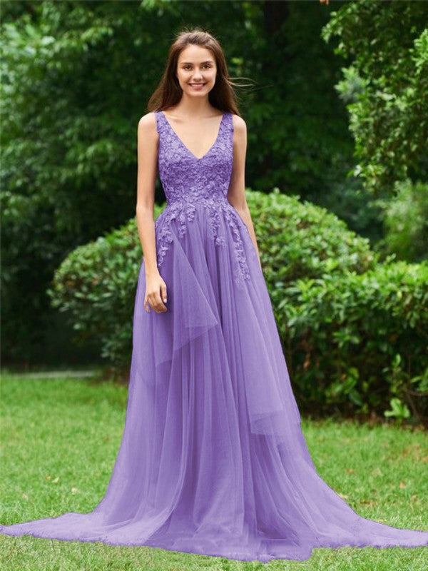 Limitless Looks Princess Style Tulle Applique V-neck Sleeveless Sweep/Brush Train Prom Dress