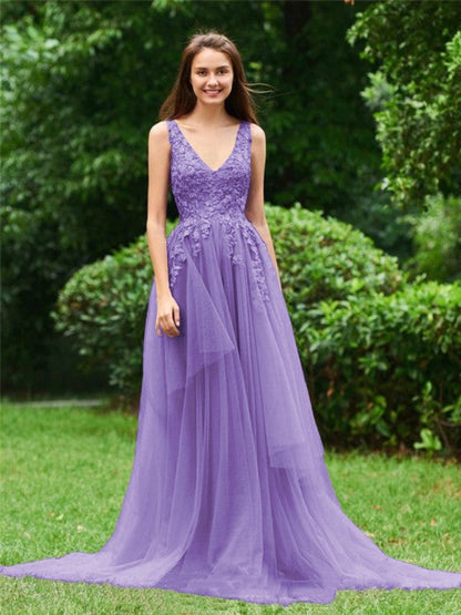 Limitless Looks Princess Style Tulle Applique V-neck Sleeveless Sweep/Brush Train Prom Dress