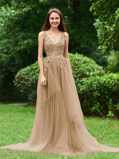 Limitless Looks Princess Style Tulle Applique V-neck Sleeveless Sweep/Brush Train Prom Dress
