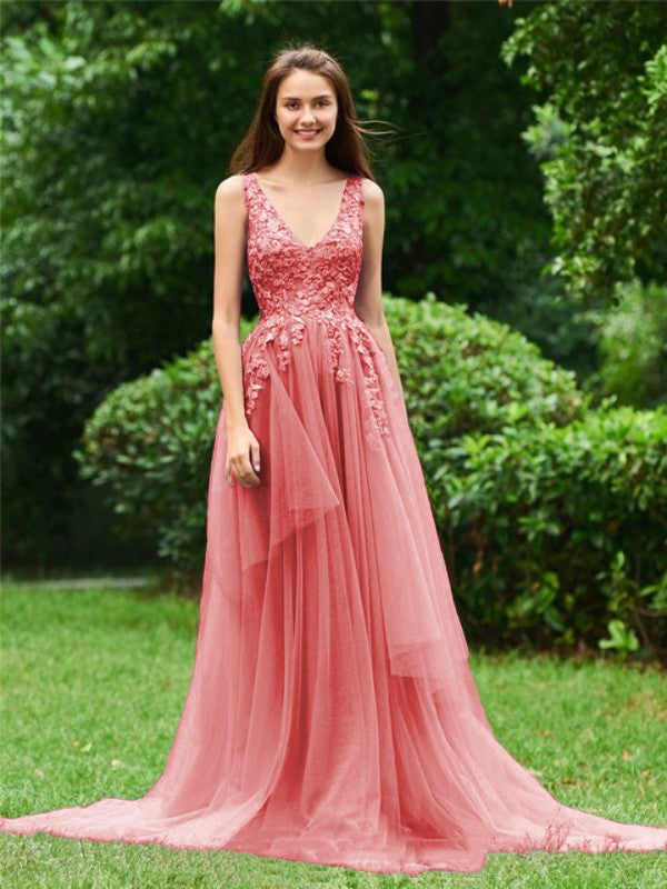 Limitless Looks Princess Style Tulle Applique V-neck Sleeveless Sweep/Brush Train Prom Dress