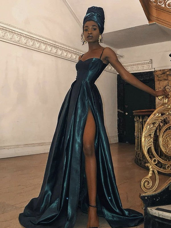 Just My Style A-Line Silk like Satin Ruffles Spaghetti Straps Sleeveless Sweep/Brush Train Prom Dress