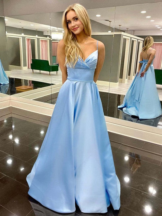 Voiced Vivacity Princess Style Satin Ruched V-neck Sleeveless Sweep/Brush Train Prom Dress