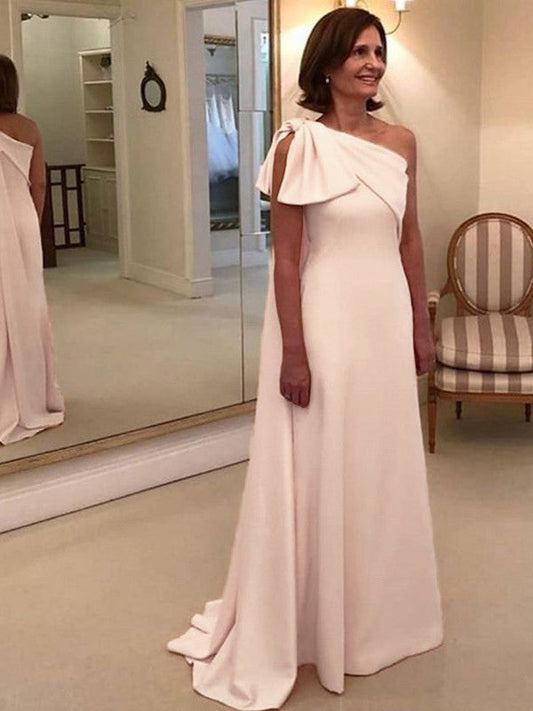 A-Line/Princess Stretch Crepe Bowknot One-Shoulder Sleeveless Sweep/Brush Train Mother of the Bride Dress