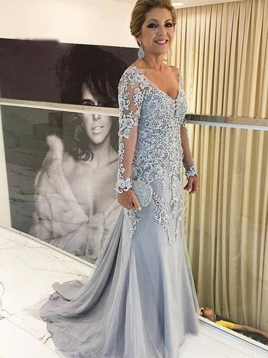 Sheath/Column Tulle Applique V-neck Long Sleeves Sweep/Brush Train Mother of the Bride Dress