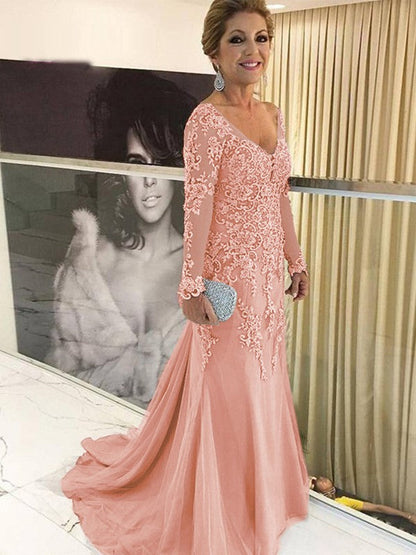 Sheath/Column Tulle Applique V-neck Long Sleeves Sweep/Brush Train Mother of the Bride Dress