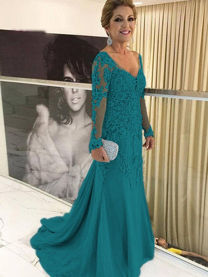 Sheath/Column Tulle Applique V-neck Long Sleeves Sweep/Brush Train Mother of the Bride Dress