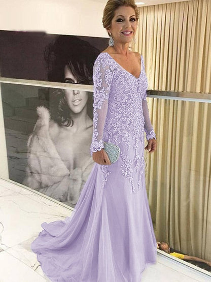 Sheath/Column Tulle Applique V-neck Long Sleeves Sweep/Brush Train Mother of the Bride Dress