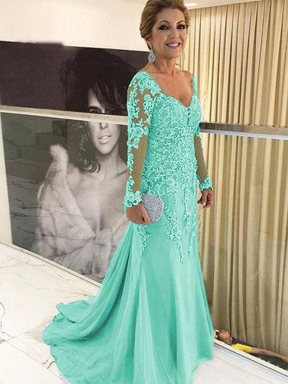Sheath/Column Tulle Applique V-neck Long Sleeves Sweep/Brush Train Mother of the Bride Dress