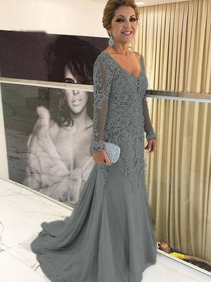 Sheath/Column Tulle Applique V-neck Long Sleeves Sweep/Brush Train Mother of the Bride Dress