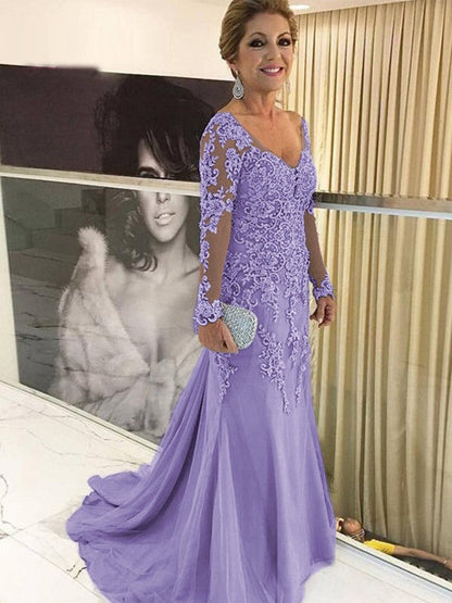 Sheath/Column Tulle Applique V-neck Long Sleeves Sweep/Brush Train Mother of the Bride Dress