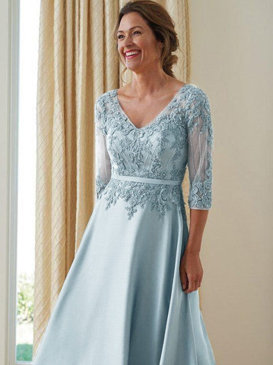 A-Line/Princess Satin Applique V-neck 3/4 Sleeves Floor-Length Mother of the Bride Dress