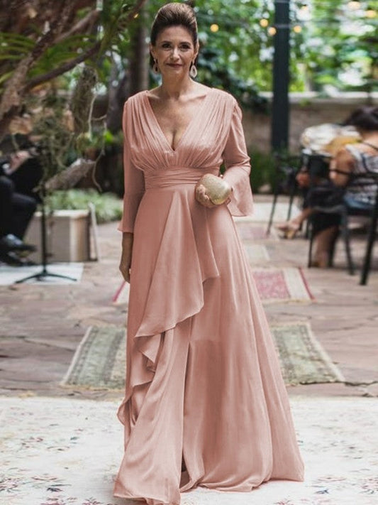 A-Line/Princess Chiffon Ruffles V-neck Long Sleeves Floor-Length Mother of the Bride Dress