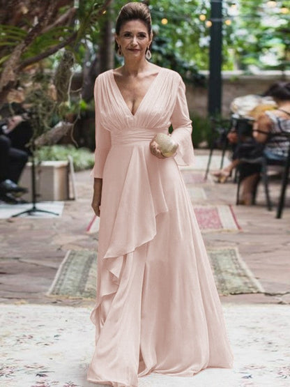 A-Line/Princess Chiffon Ruffles V-neck Long Sleeves Floor-Length Mother of the Bride Dress