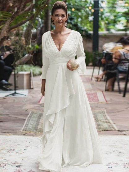 A-Line/Princess Chiffon Ruffles V-neck Long Sleeves Floor-Length Mother of the Bride Dress