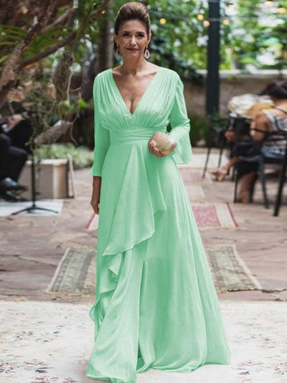 A-Line/Princess Chiffon Ruffles V-neck Long Sleeves Floor-Length Mother of the Bride Dress