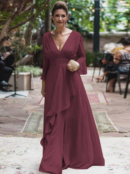 A-Line/Princess Chiffon Ruffles V-neck Long Sleeves Floor-Length Mother of the Bride Dress