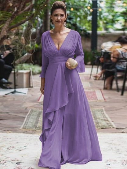A-Line/Princess Chiffon Ruffles V-neck Long Sleeves Floor-Length Mother of the Bride Dress