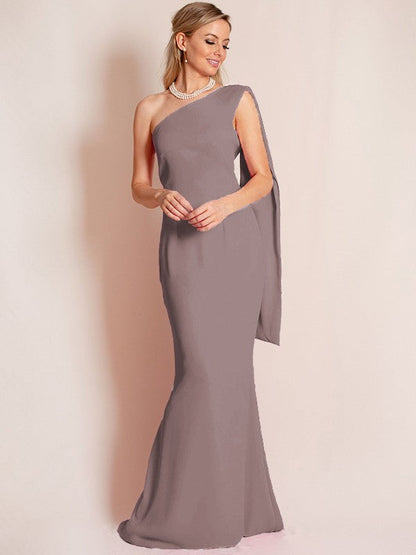 Sheath/Column Stretch Crepe Ruched One-Shoulder Sleeveless Floor-Length Mother of the Bride Dress