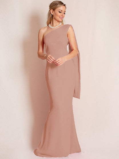 Sheath/Column Stretch Crepe Ruched One-Shoulder Sleeveless Floor-Length Mother of the Bride Dress