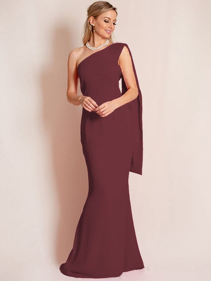 Sheath/Column Stretch Crepe Ruched One-Shoulder Sleeveless Floor-Length Mother of the Bride Dress