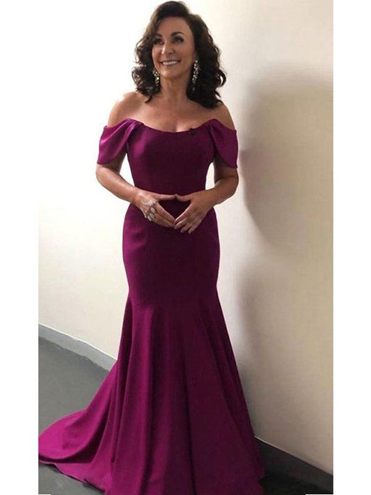 Trumpet/Mermaid Elastic Woven Satin Ruffles Off-the-Shoulder Sleeveless Sweep/Brush Train Mother of the Bride Dress