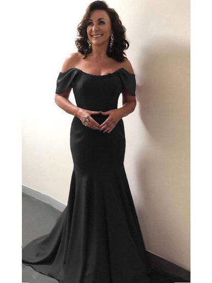 Trumpet/Mermaid Elastic Woven Satin Ruffles Off-the-Shoulder Sleeveless Sweep/Brush Train Mother of the Bride Dress