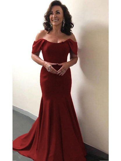 Trumpet/Mermaid Elastic Woven Satin Ruffles Off-the-Shoulder Sleeveless Sweep/Brush Train Mother of the Bride Dress
