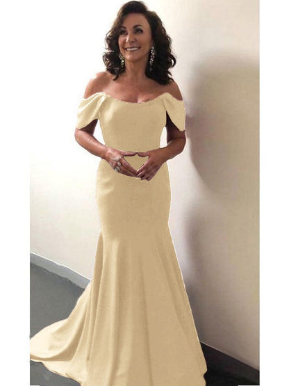 Trumpet/Mermaid Elastic Woven Satin Ruffles Off-the-Shoulder Sleeveless Sweep/Brush Train Mother of the Bride Dress