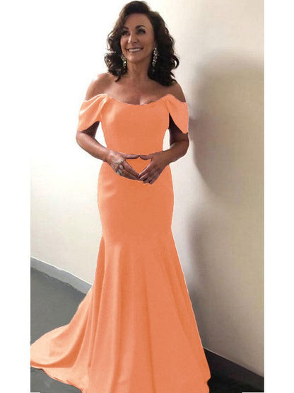 Trumpet/Mermaid Elastic Woven Satin Ruffles Off-the-Shoulder Sleeveless Sweep/Brush Train Mother of the Bride Dress