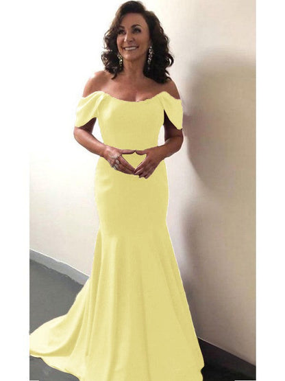 Trumpet/Mermaid Elastic Woven Satin Ruffles Off-the-Shoulder Sleeveless Sweep/Brush Train Mother of the Bride Dress