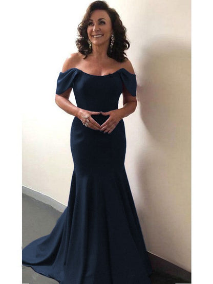 Trumpet/Mermaid Elastic Woven Satin Ruffles Off-the-Shoulder Sleeveless Sweep/Brush Train Mother of the Bride Dress