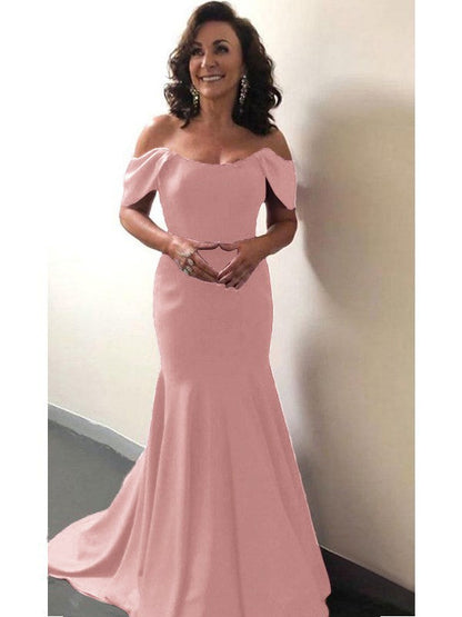 Trumpet/Mermaid Elastic Woven Satin Ruffles Off-the-Shoulder Sleeveless Sweep/Brush Train Mother of the Bride Dress