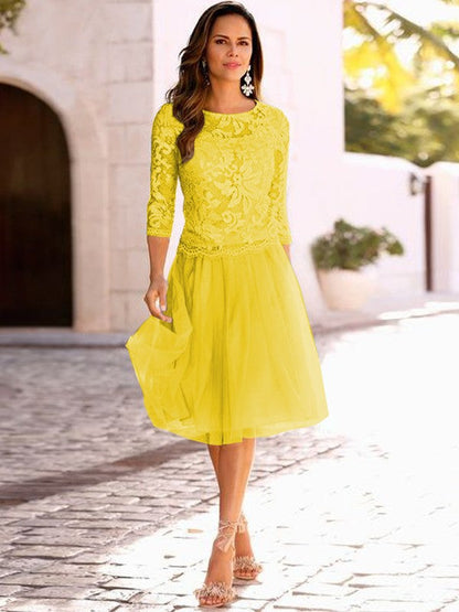 A-Line/Princess Tulle Applique Scoop 3/4 Sleeves Knee-Length Mother of the Bride Dress
