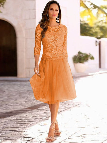 A-Line/Princess Tulle Applique Scoop 3/4 Sleeves Knee-Length Mother of the Bride Dress