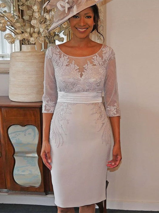 Sheath/Column Elastic Woven Satin Applique Scoop 3/4 Sleeves Knee-Length Mother of the Bride Dress