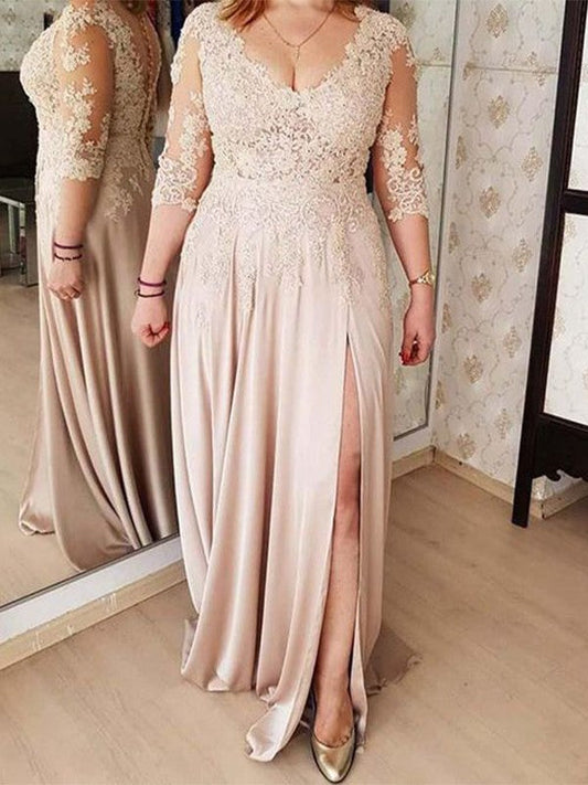 A-Line/Princess Elastic Woven Satin Applique V-neck 3/4 Sleeves Sweep/Brush Train Mother of the Bride Dress