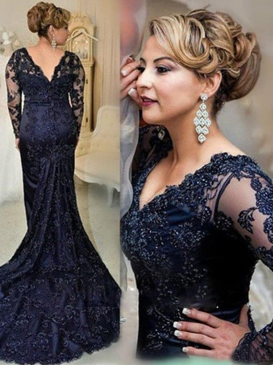 Sheath/Column Lace Applique V-neck Long Sleeves Sweep/Brush Train Mother of the Bride Dress