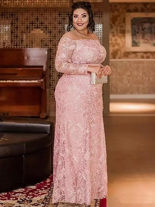 Sheath/Column Lace Applique Scoop Long Sleeves Floor-Length Mother of the Bride Dress