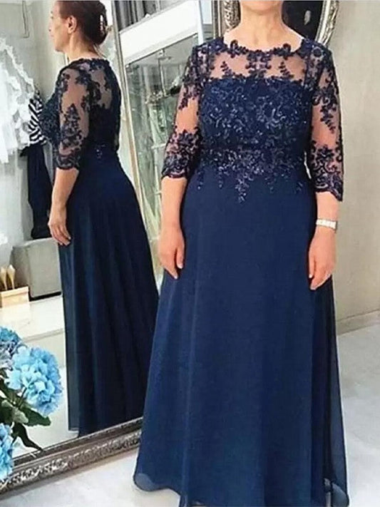 A-Line/Princess Chiffon Applique Scoop 3/4 Sleeves Floor-Length Mother of the Bride Dress