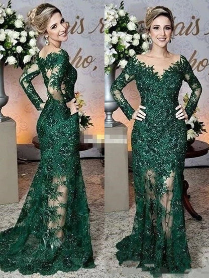 Sheath/Column Lace Applique Scoop Long Sleeves Sweep/Brush Train Mother of the Bride Dress