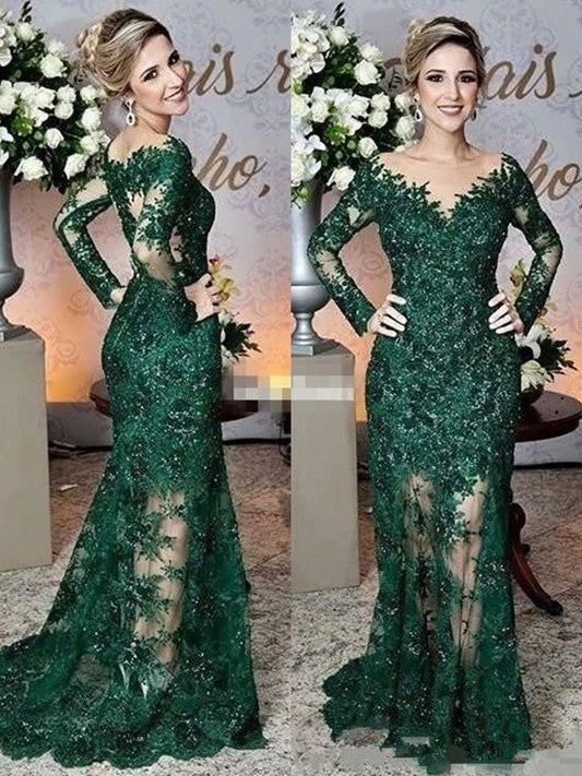 Sheath/Column Lace Applique Scoop Long Sleeves Sweep/Brush Train Mother of the Bride Dress