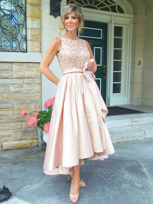 A-Line/Princess Satin Bowknot Scoop Sleeveless Asymmetrical Mother of the Bride Dress
