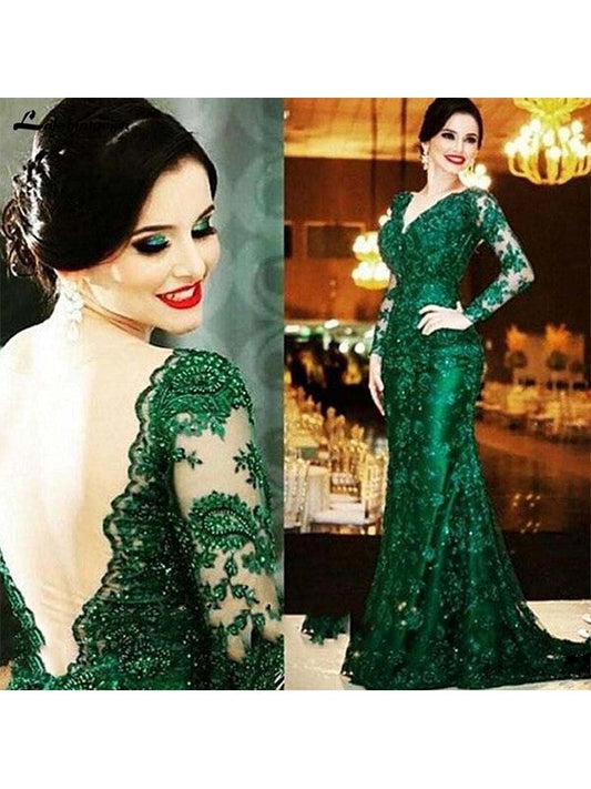 Sheath/Column Tulle Applique V-neck Long Sleeves Sweep/Brush Train Mother of the Bride Dress