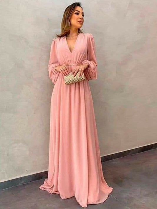 A-Line/Princess Chiffon Ruffles V-neck Long Sleeves Sweep/Brush Train Mother of the Bride Dress
