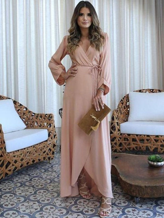 A-Line/Princess Silk like Satin Ruched V-neck Long Sleeves Floor-Length Mother of the Bride Dress