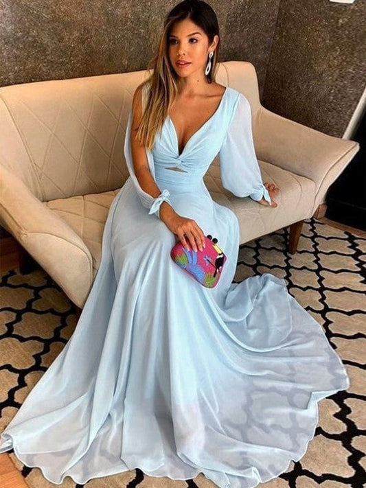 Sheath/Column Chiffon Ruched V-neck Long Sleeves Sweep/Brush Train Mother of the Bride Dress